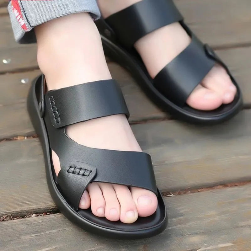 Men's brown and black waterproof plastic casual sandals for beach wear, shown in sizes 39 to 45.