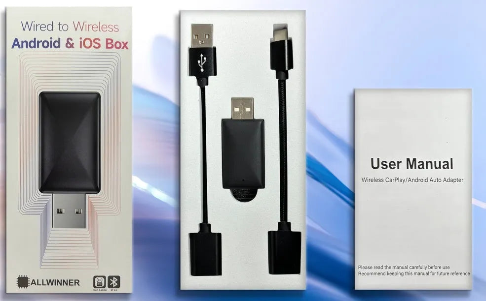 Two-in-one wired to wireless car interconnection box in black ABS with USB and Type C interfaces