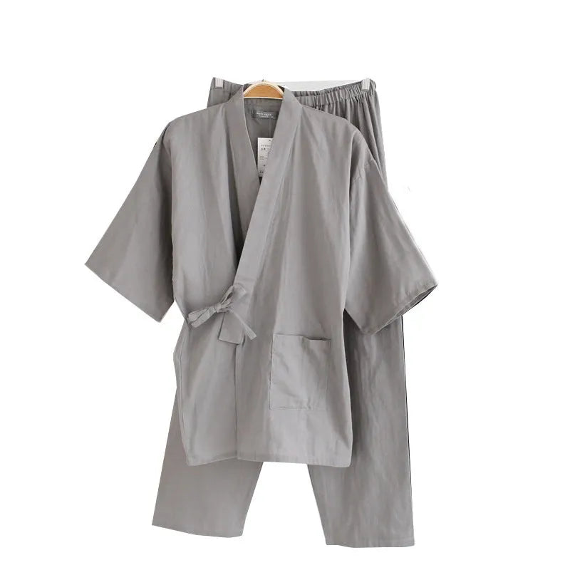 Men's black cotton double gauze kimono pajamas with loose fit and 3/4 sleeves on a model