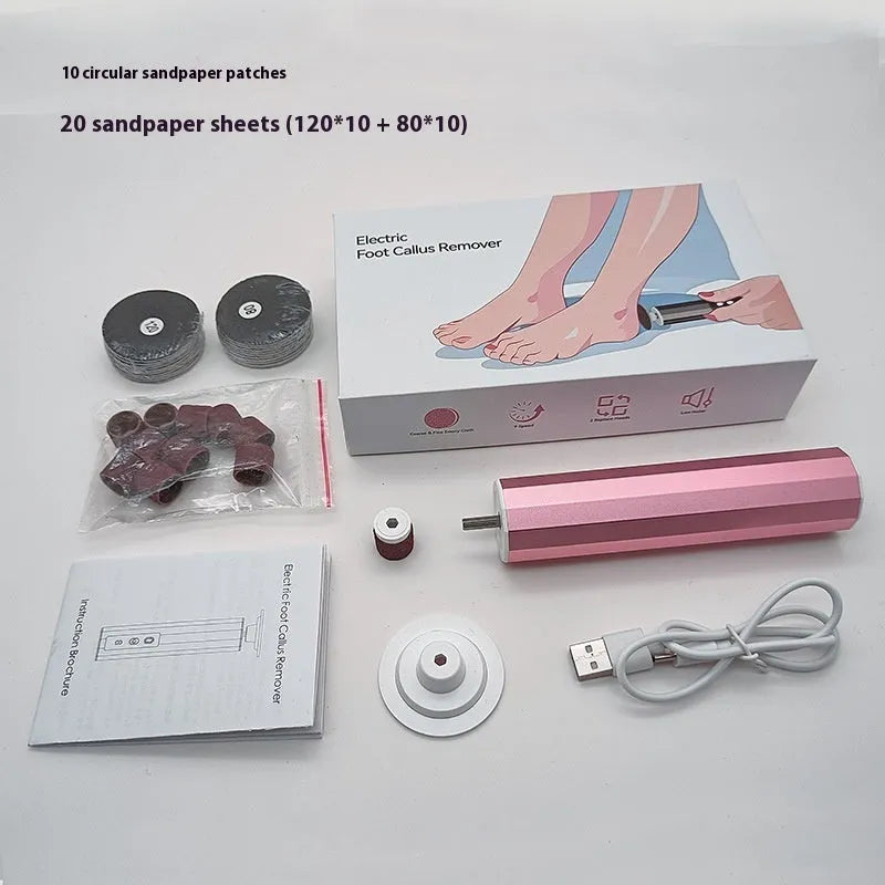 USB-powered electric callus remover foot file with multiple grinding wheels in black, pink, and purple colour options.