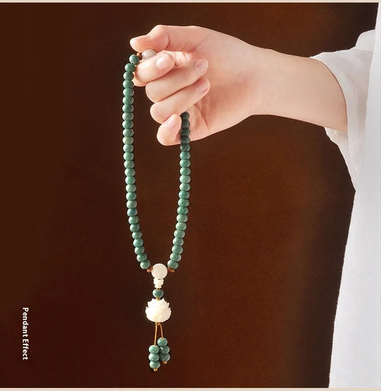 White jade bodhi green sandalwood bracelet with bead construction and double ring safety buckle