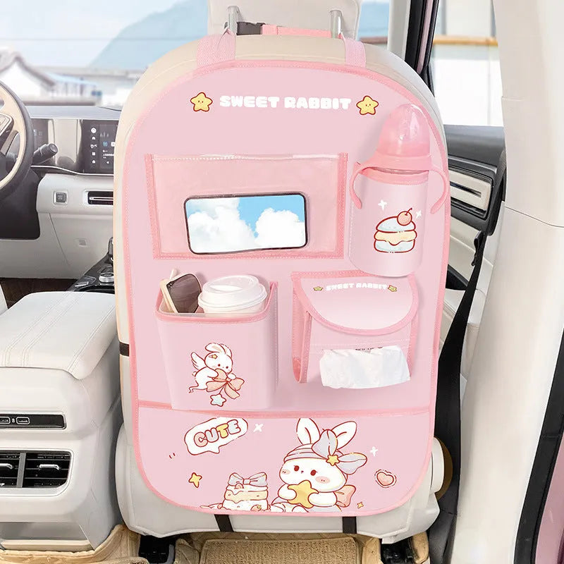 Car seat back storage bag and anti-kick cushion in leather, Bear or Bunny design, supplied as one storage bag