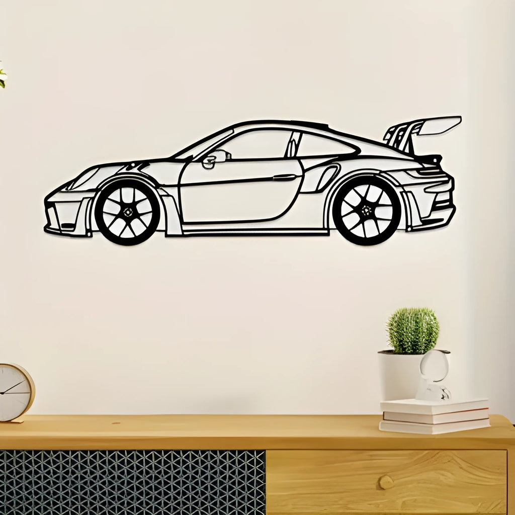 Black iron sports car wall art decoration in a pastoral metal style for home, garden, office, or hotel wall display