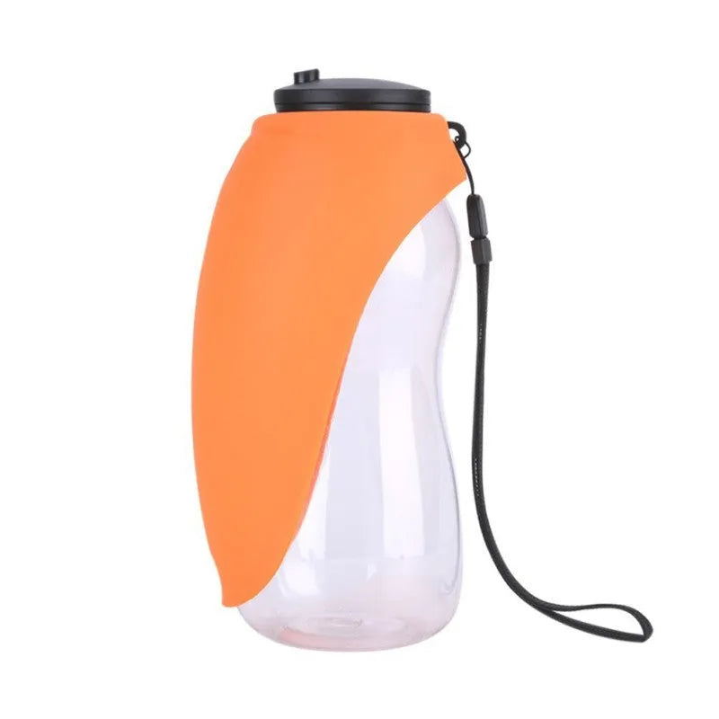 Portable blue dog water bottle with drinking bowl showing 680ml capacity and leak-proof design