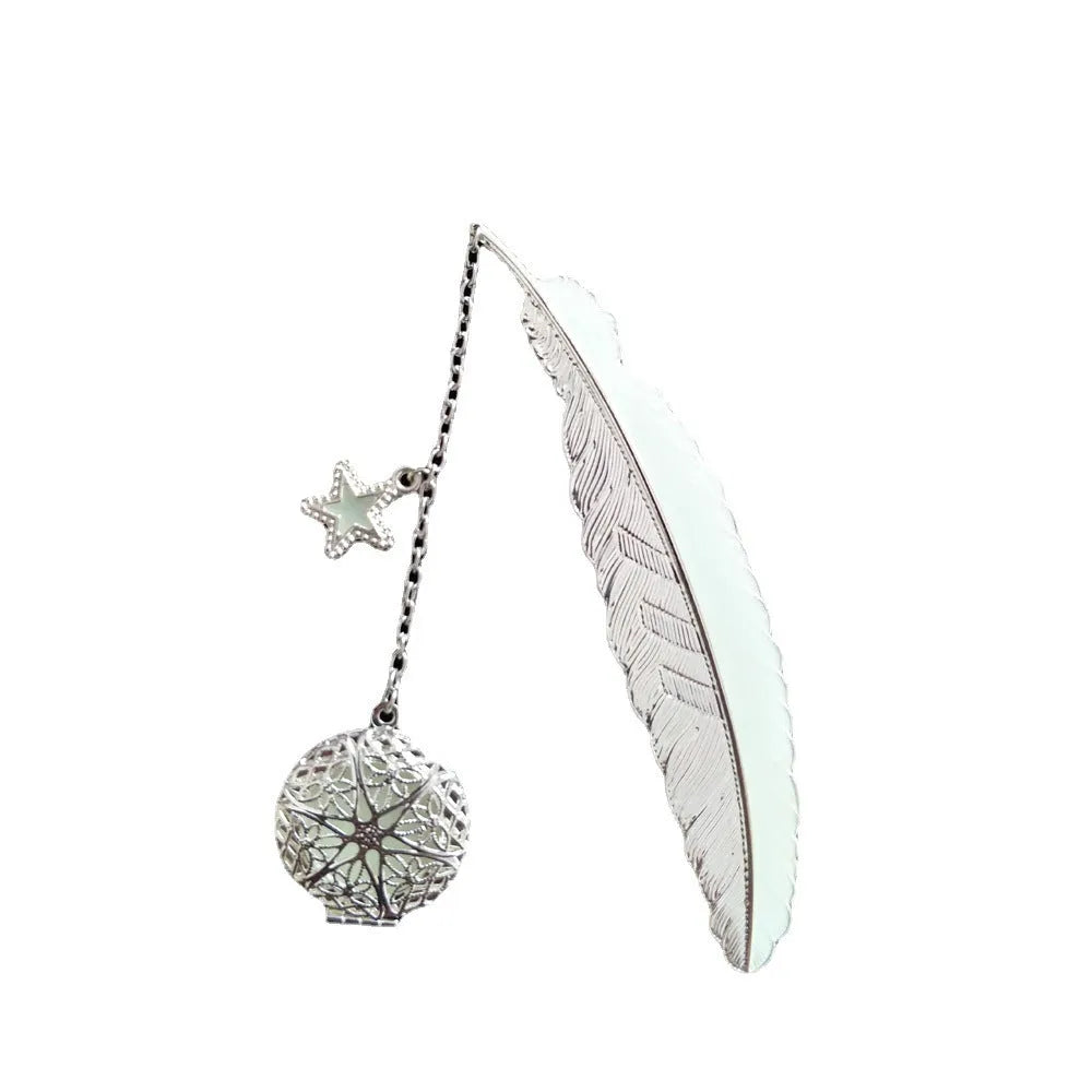Luminous retro pure copper feather bookmark with silver finish and glow-in-the-dark butterfly design