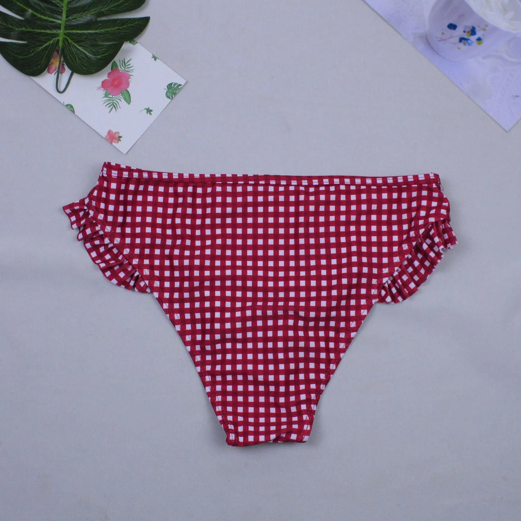 Women's plaid bikini swimwear in red or black with chest pad, lattice pattern, sizes S to XL