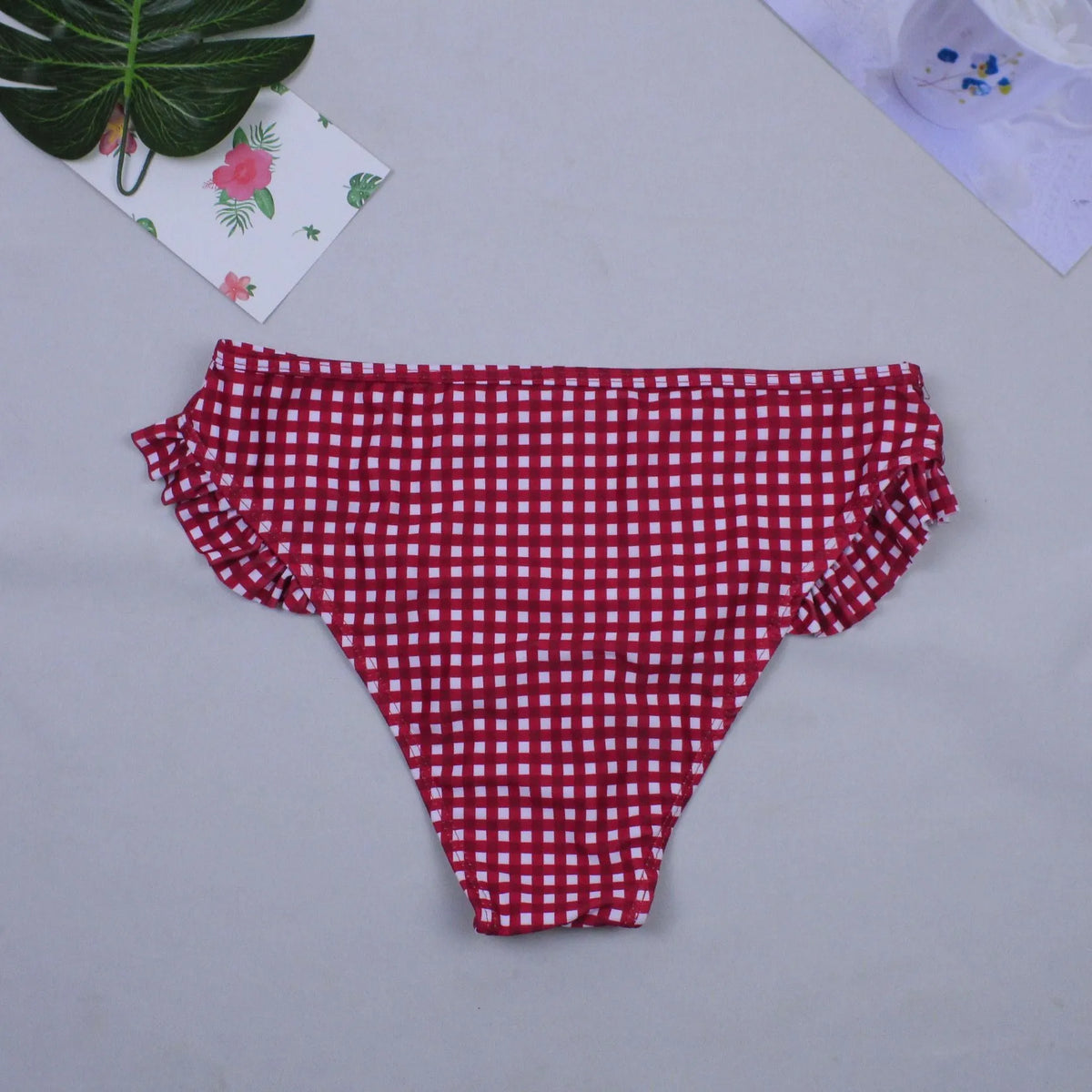 Women's plaid bikini swimwear in red or black with chest pad, lattice pattern, sizes S to XL