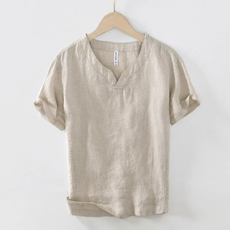 Personalized simple casual linen T-shirt top in brown, green, dark gray, khaki, or white, short sleeve, sizes M to 3XL