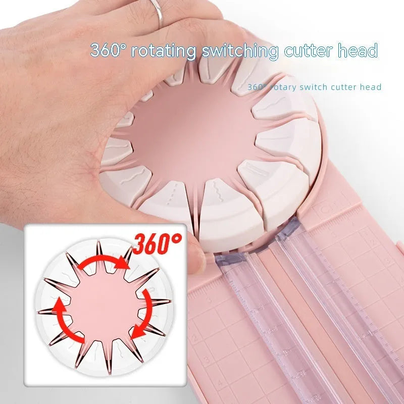 Pink plastic paper cutting machine with dotted alignment guides and 12 cutting patterns