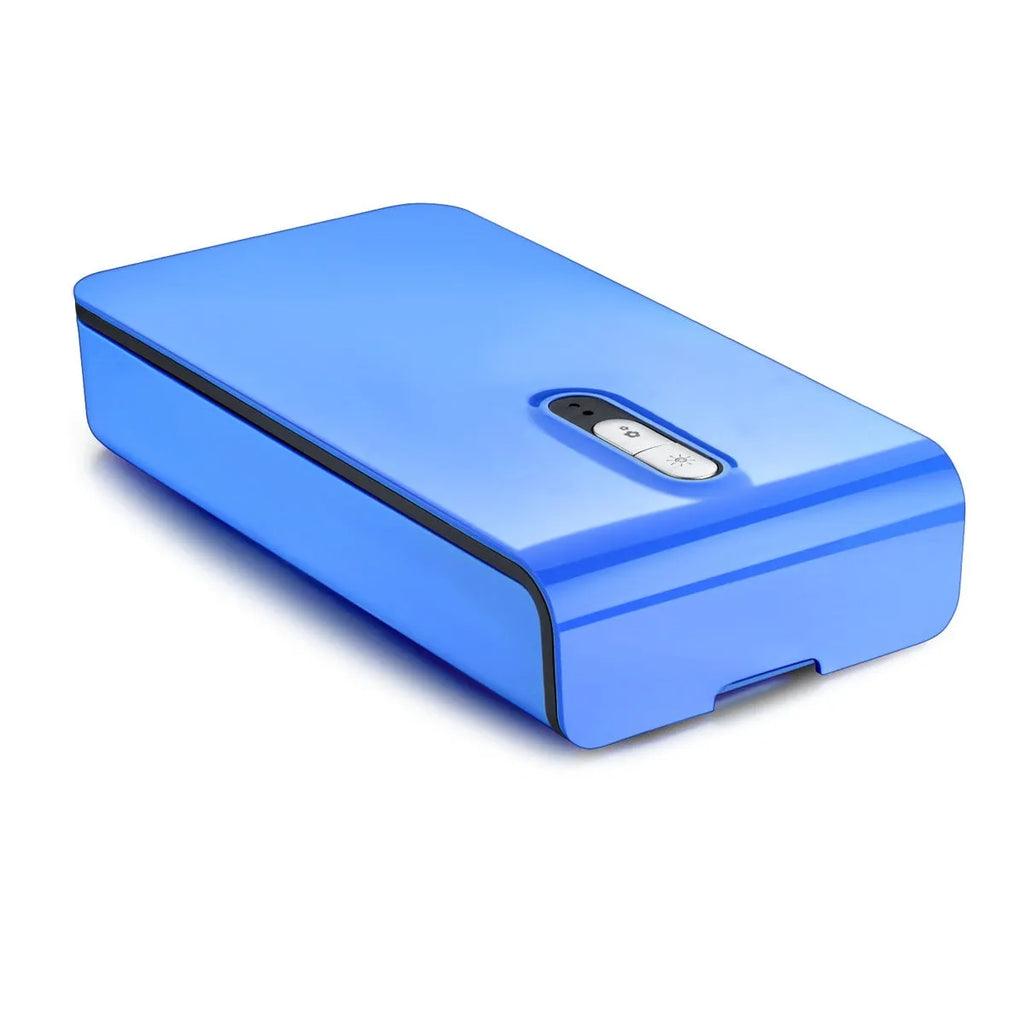 Compact blue UV phone steriliser unit with lid open, showing interior chamber for mobile phone disinfection.