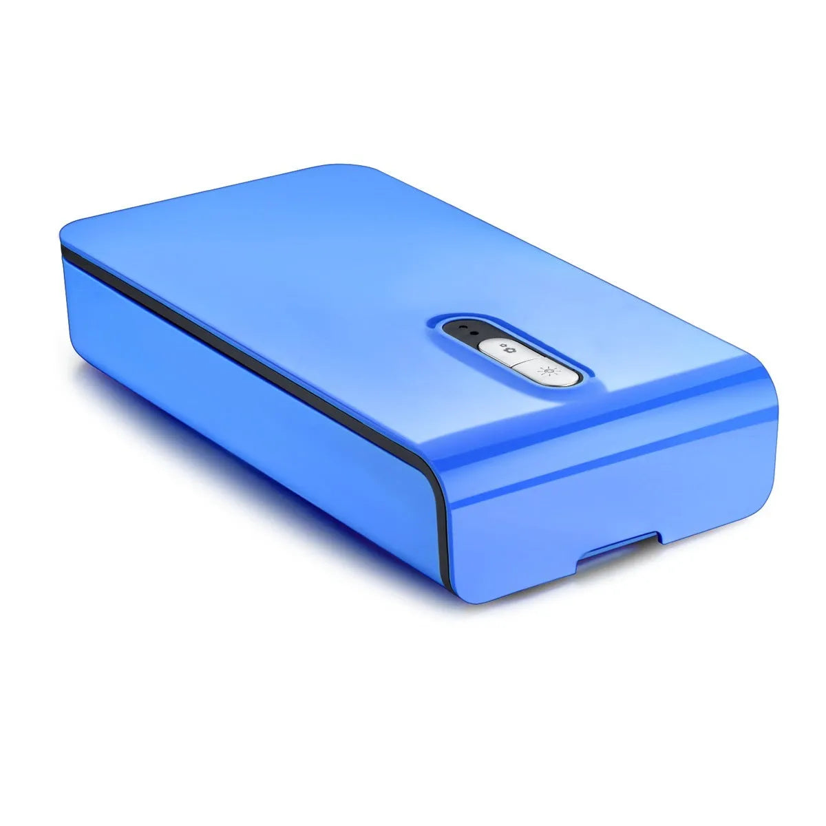 Compact blue UV phone steriliser unit with lid open, showing interior chamber for mobile phone disinfection.