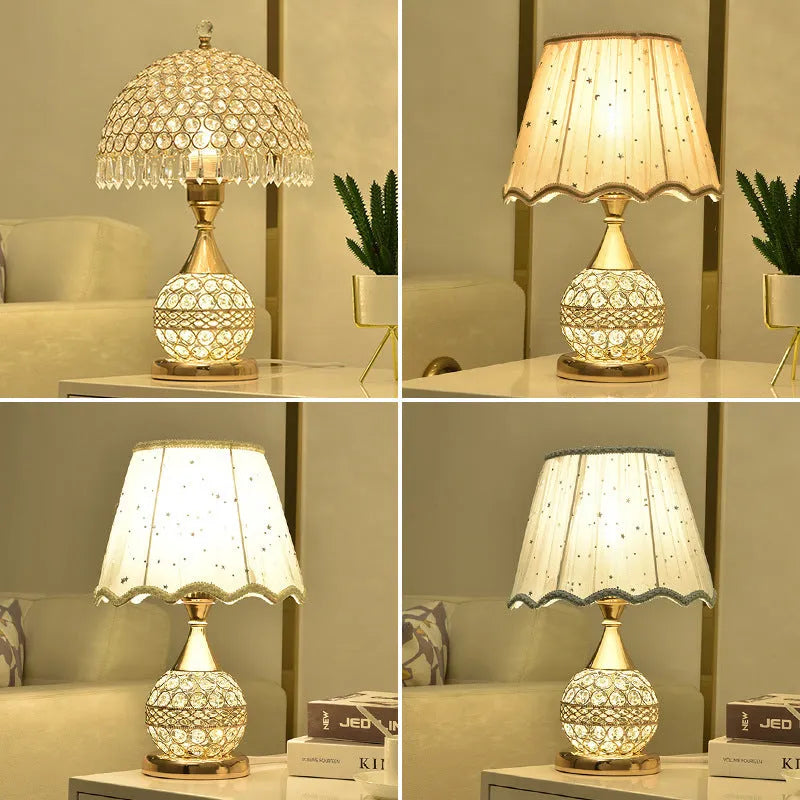 Gold crystal desk lamp with iron art base and remote control on wooden table