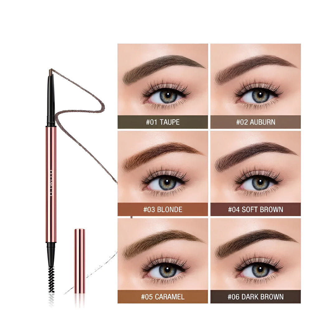 Eyebrow make-up pencil in colour box with six shade options shown.