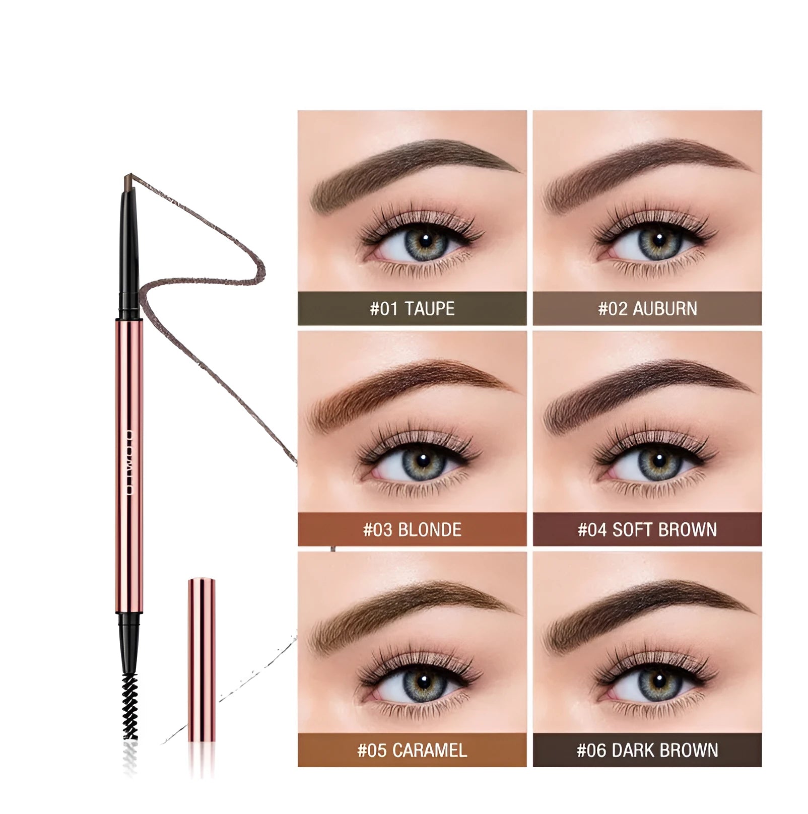 Eyebrow make-up pencil in colour box with six shade options shown.