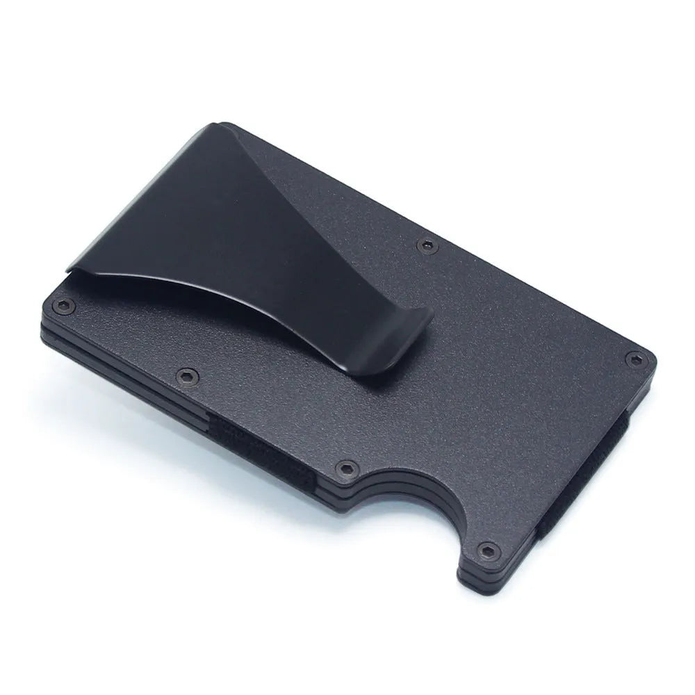 Geometric carbon fibre card holder showing 8mm thickness with capacity for multiple bank cards