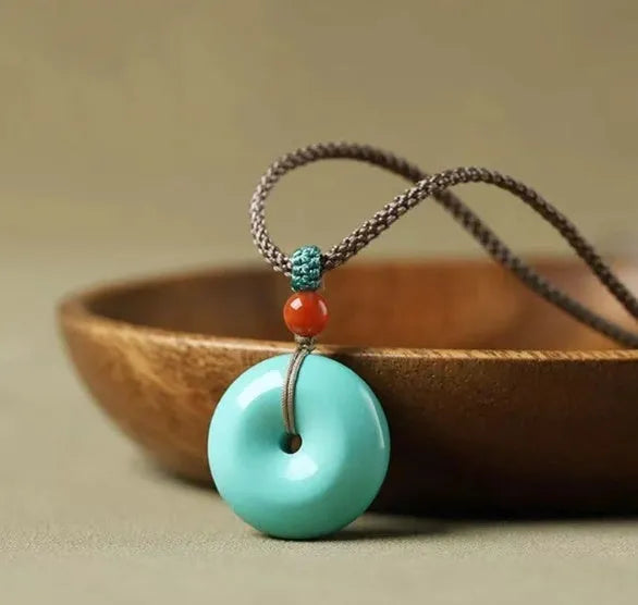 Natural turquoise peace buckle pendant necklace, 25mm round green polished turquoise pendant