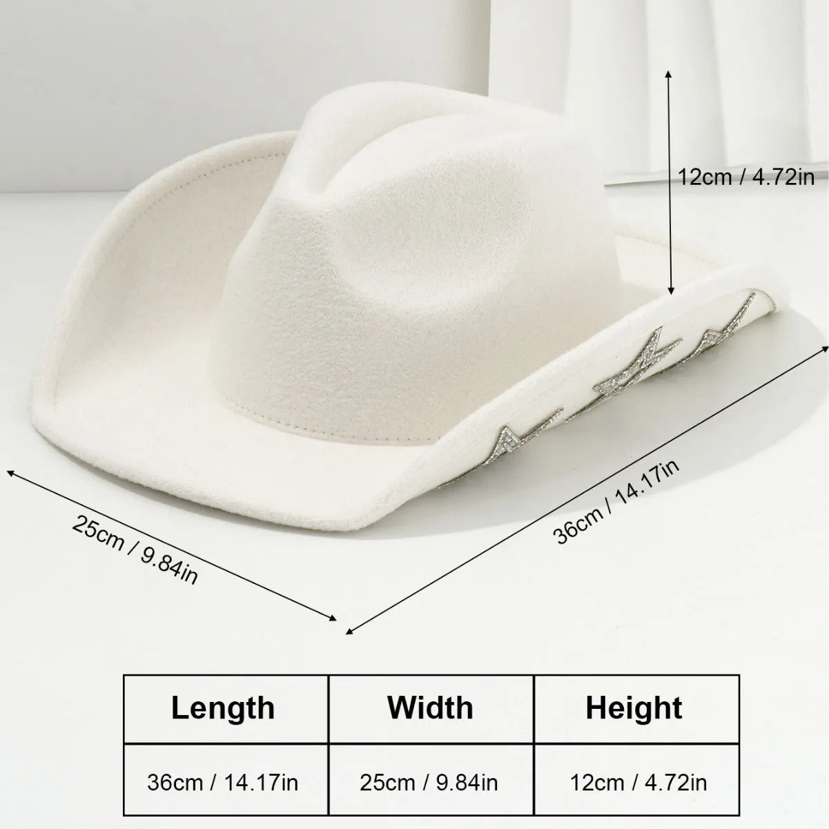 Western denim top hat with conical crown and hexagonal star decoration in medium size M