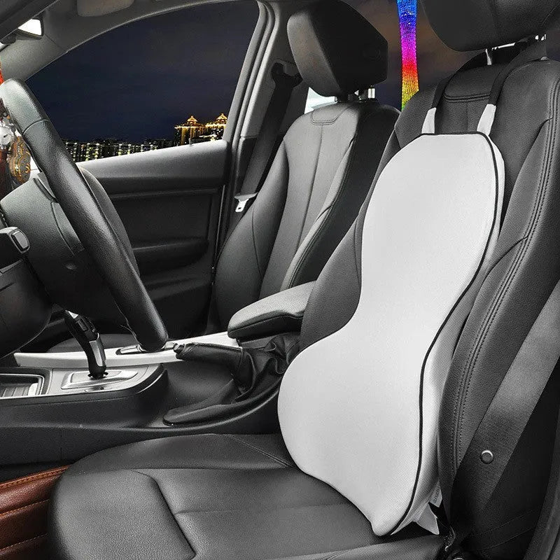 Memory cotton car lumbar support cushion with removable polyester cover in neutral colours.