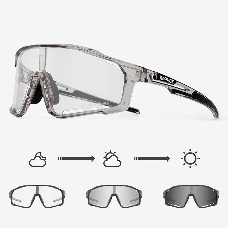 Photochromic cycling sunglasses with semi-rimless TR90 frame on a solid colour background