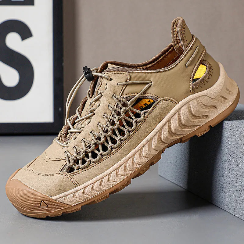 Men's hand-woven closed-toe sandals in light grey with elastic band and rubber soles