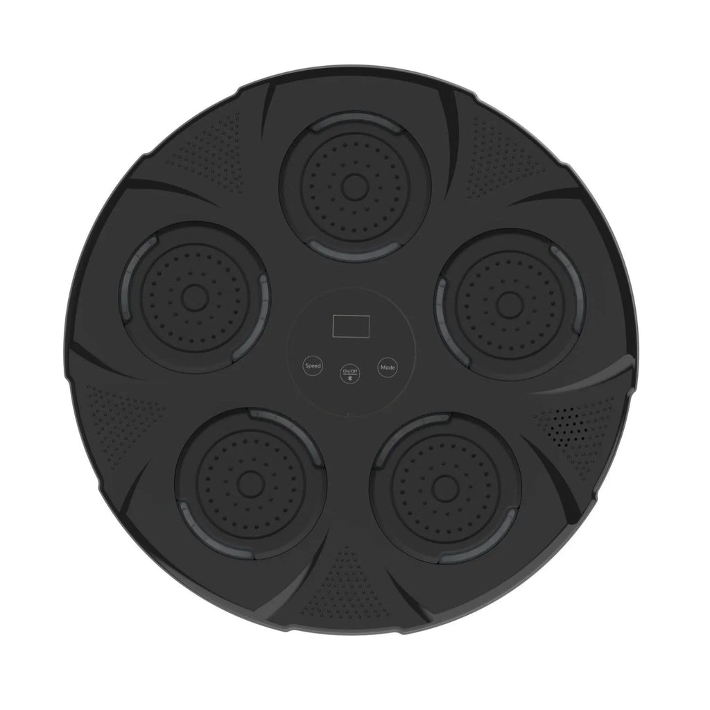 Wall-mounted smart boxing trainer sandbag in black with LED lights on a white wall.