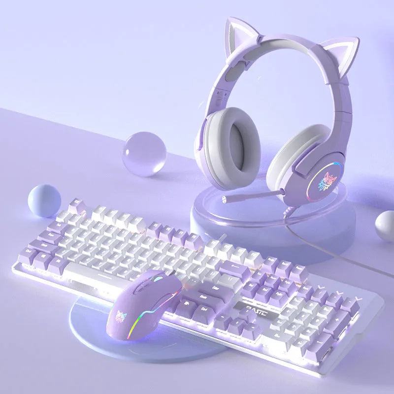 Purple and white mechanical keyboard and mouse set with matching headphones on desk