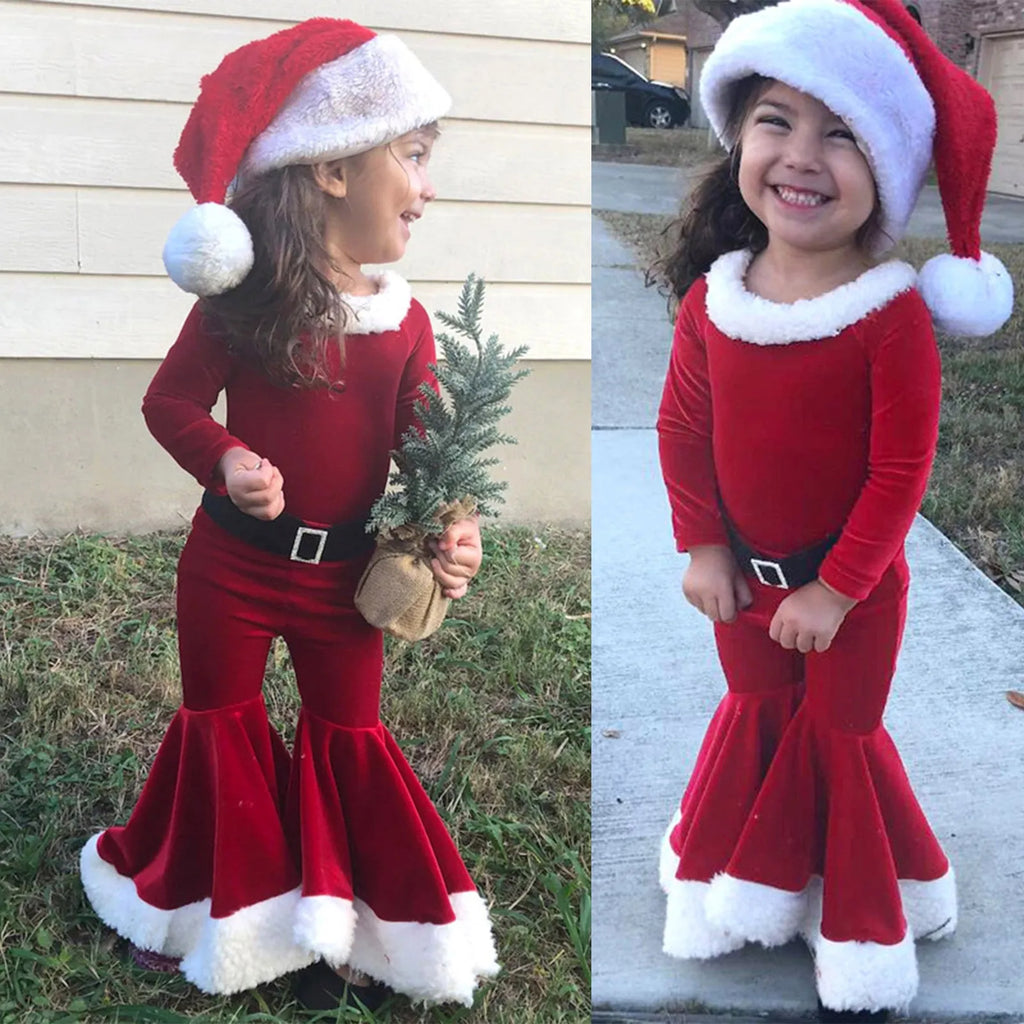 Red Korean velvet children's Christmas three-piece outfit with shirt, bell bottom trousers, and hat for ages 3-8
