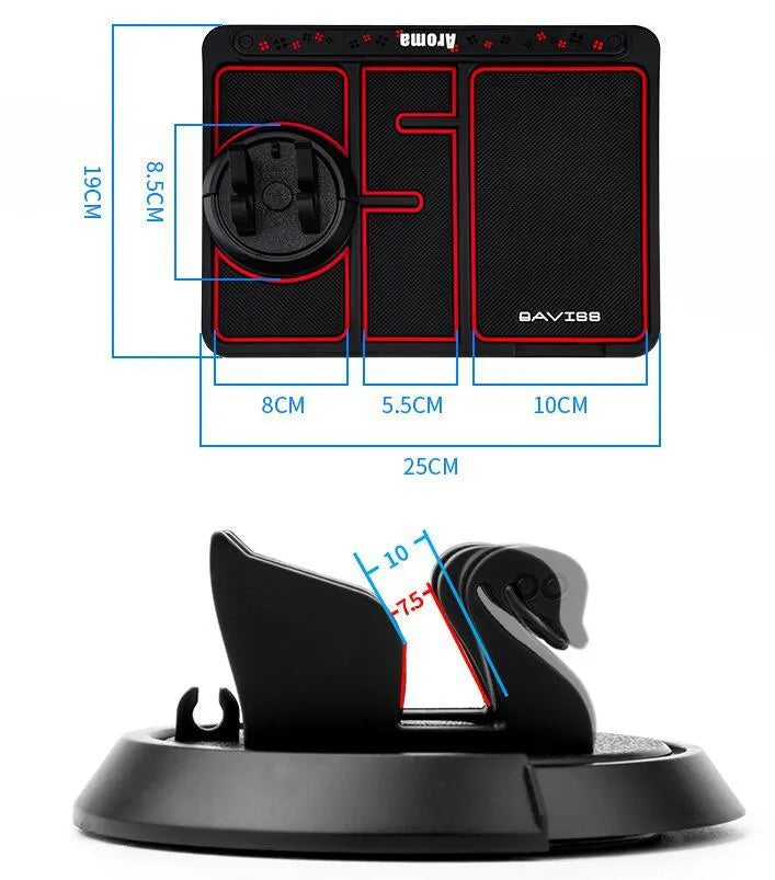 Black non-slip car phone pad with red edge on dashboard, 4-in-1 design with 360 degree rotation, PVC material