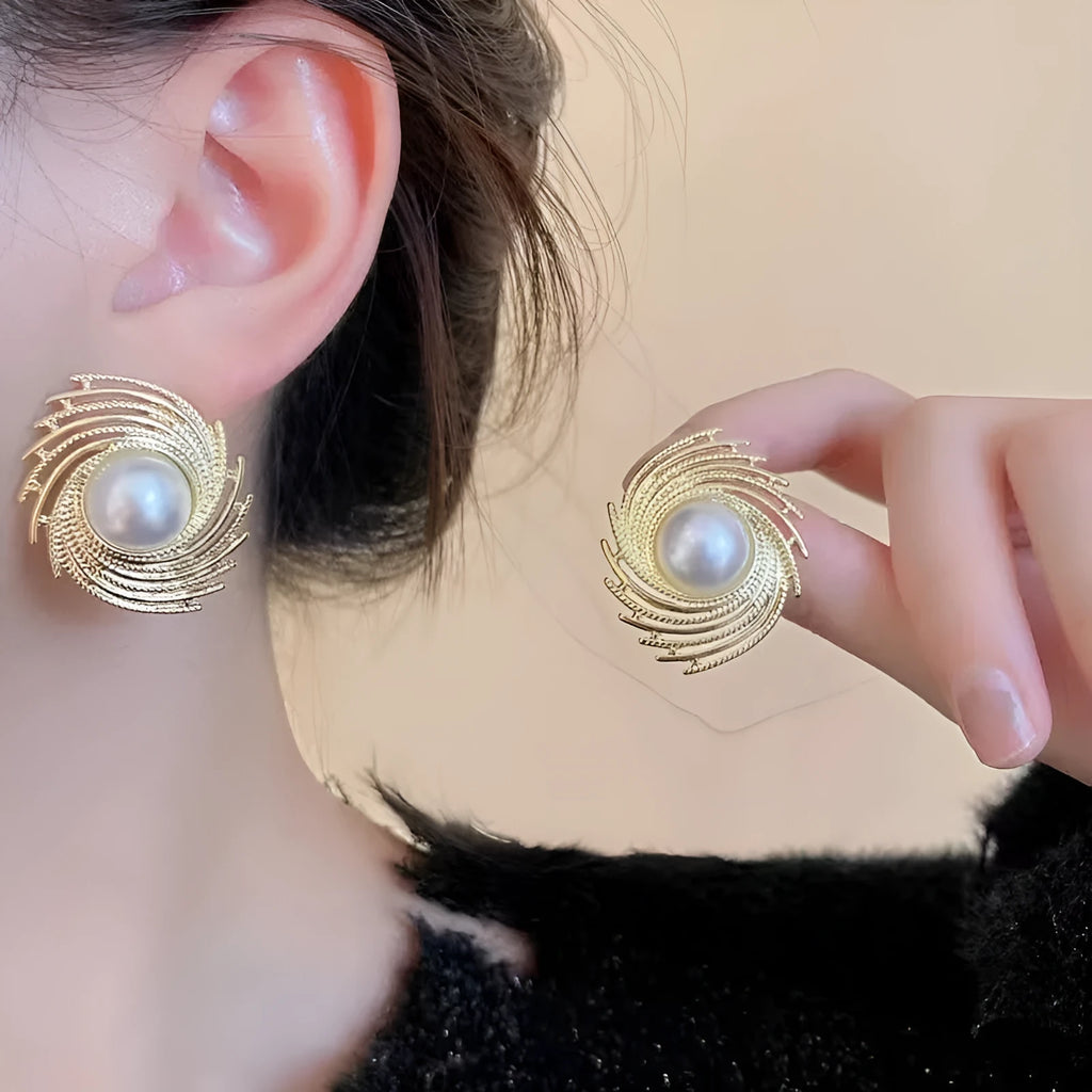 Women's vintage pearl earrings with exaggerated flower shape and electroplated alloy construction