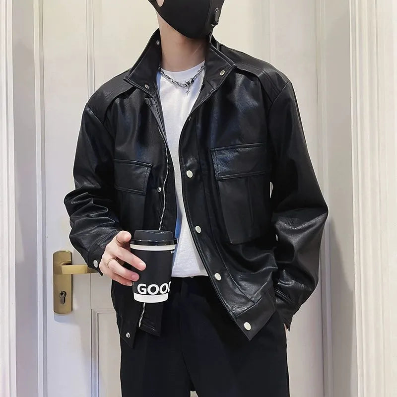 Korean style men's black PU leather pilot jacket with straight hem and side seam pockets
