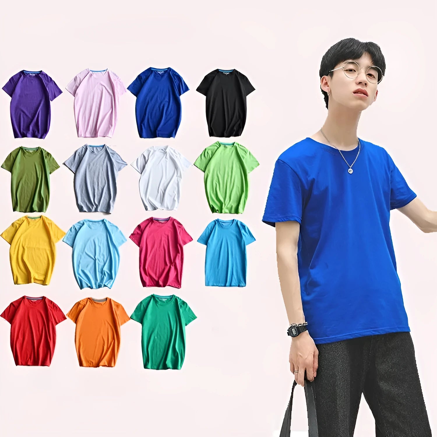 Men's solid colour cotton T-shirt showing round neck and short sleeve design in available colour options