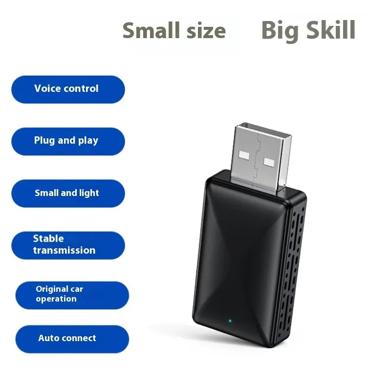 Two-in-one wired to wireless car interconnection box in black ABS with USB and Type C interfaces