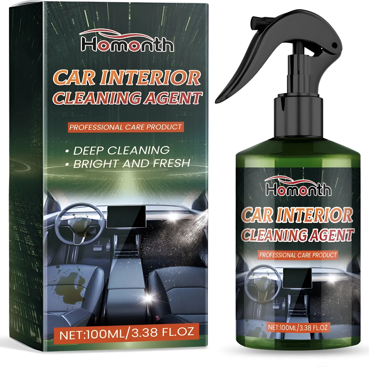 Car interior cleaning agent 100ml bottle measuring 4.6 by 16.8 cm with quick-dry formula