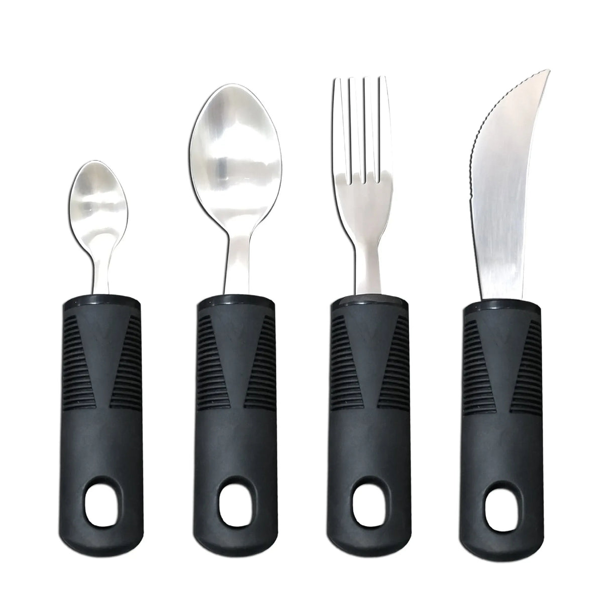 Anti-shake adaptive tableware set with stainless steel utensils and rubber handle grips