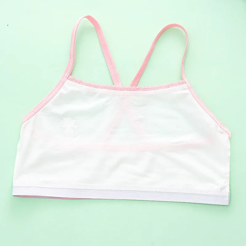 Girls cotton sports bra vest, stretch cotton knitted print, white pink orange green, sizes free and L