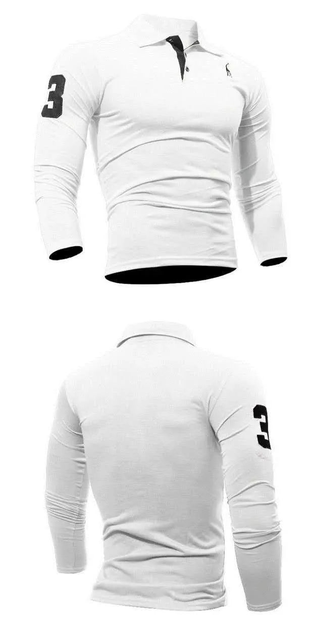 Men's loose fit long sleeve polo collar top with embroidered deer digital design, white or dark blue