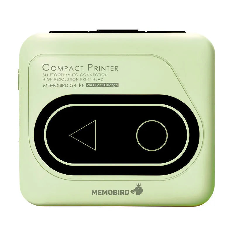 Compact avocado green Bluetooth mini thermal printer for mobile phones next to a roll of paper.