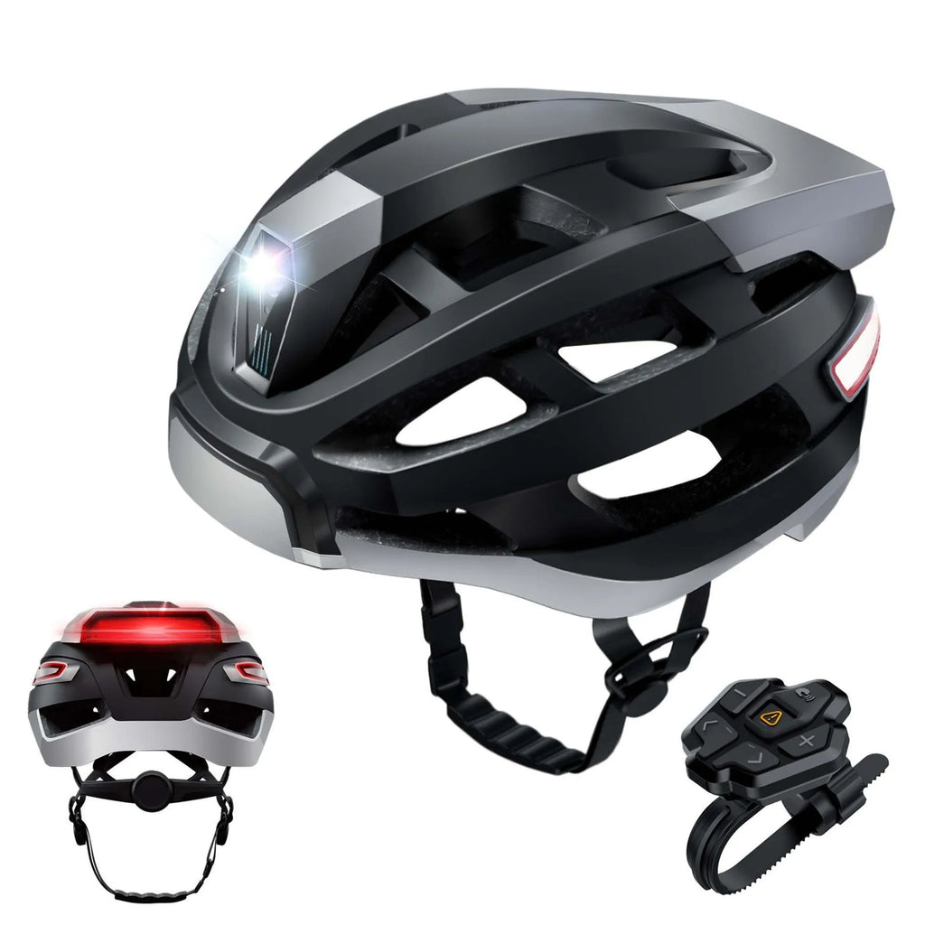 Black and grey smart cycling helmet with integrated warning light system and USB charging port