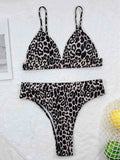 Leopard print women's bikini swimsuit with backless briefs style, polyester fabric and spandex lining, sizes S M L