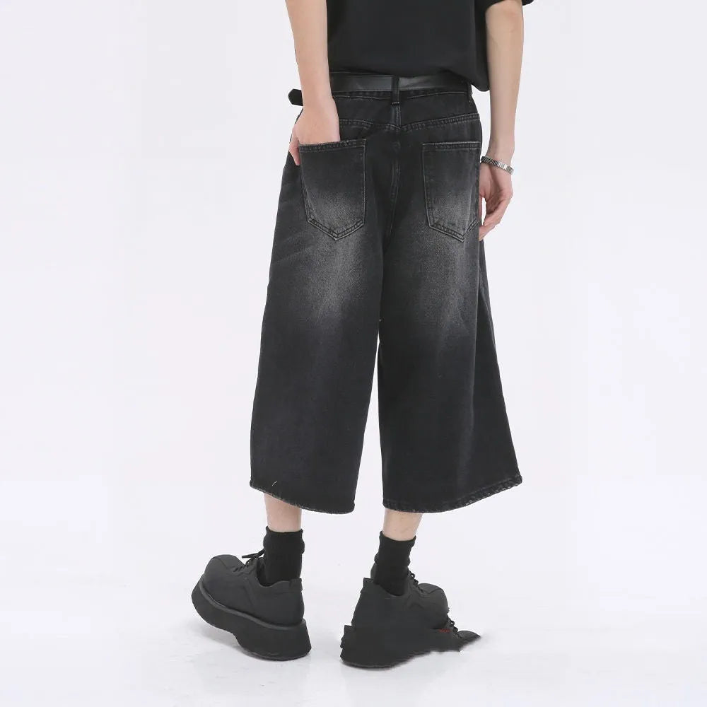 Men's distressed straight-leg denim middle pants in retro blue, mid waist, cotton with micro stretch