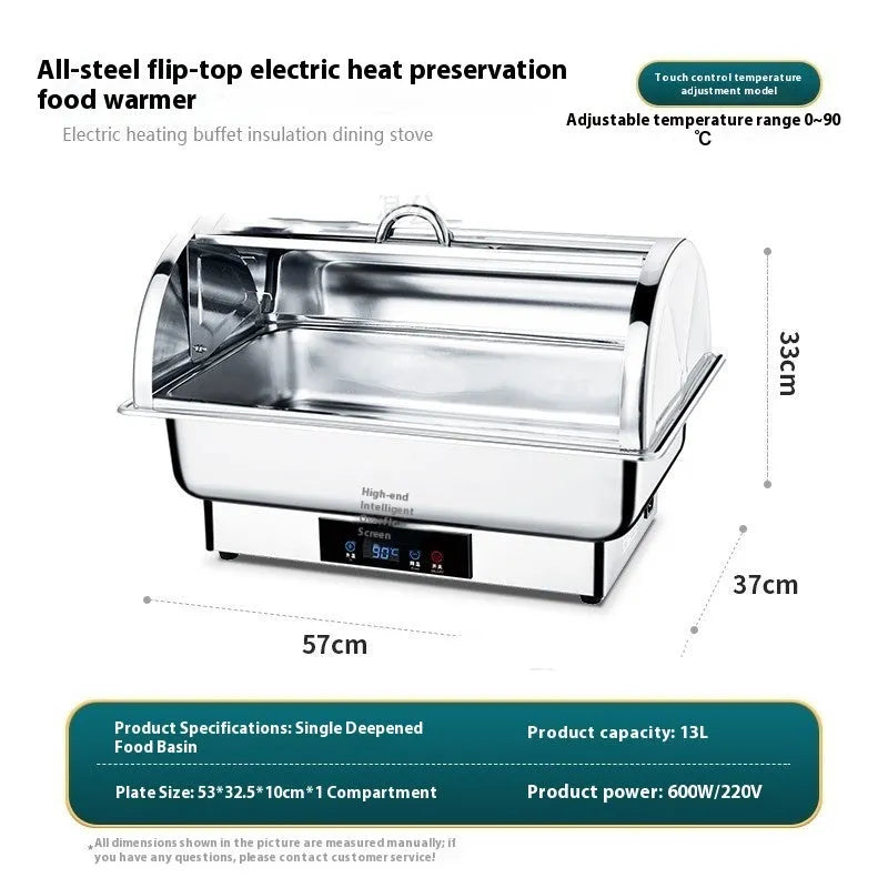 Stainless steel electric buffet stove with transparent flip lid and LCD temperature control screen.