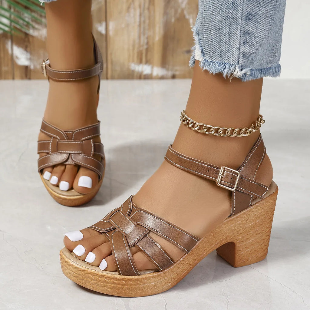 Plus size women's peep toe sandals with chunky heel and ankle-strap buckle in black, brown, or white