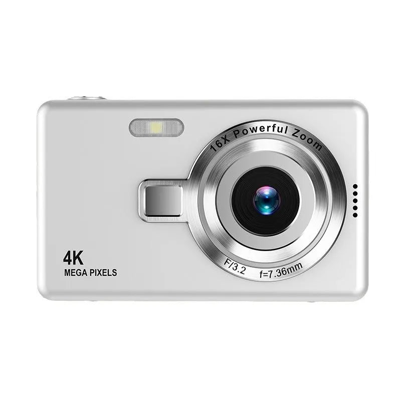 Mini digital camera for children, 80x46x45mm ABS plastic body, available in HD White, HD Black, HD Gray, and HD Silver.