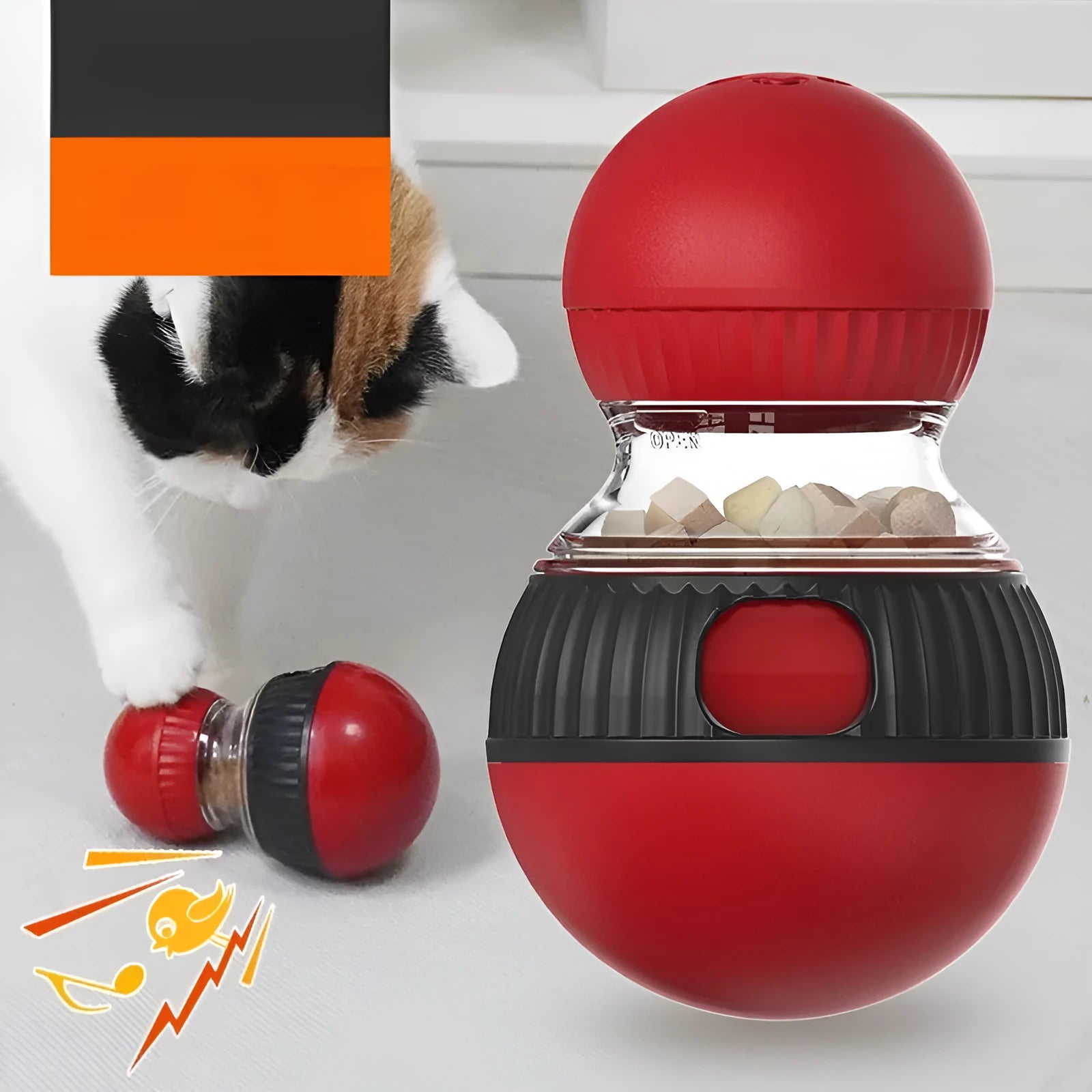 Rotating cat toy with super ball design showing food dropping mechanism and plastic construction