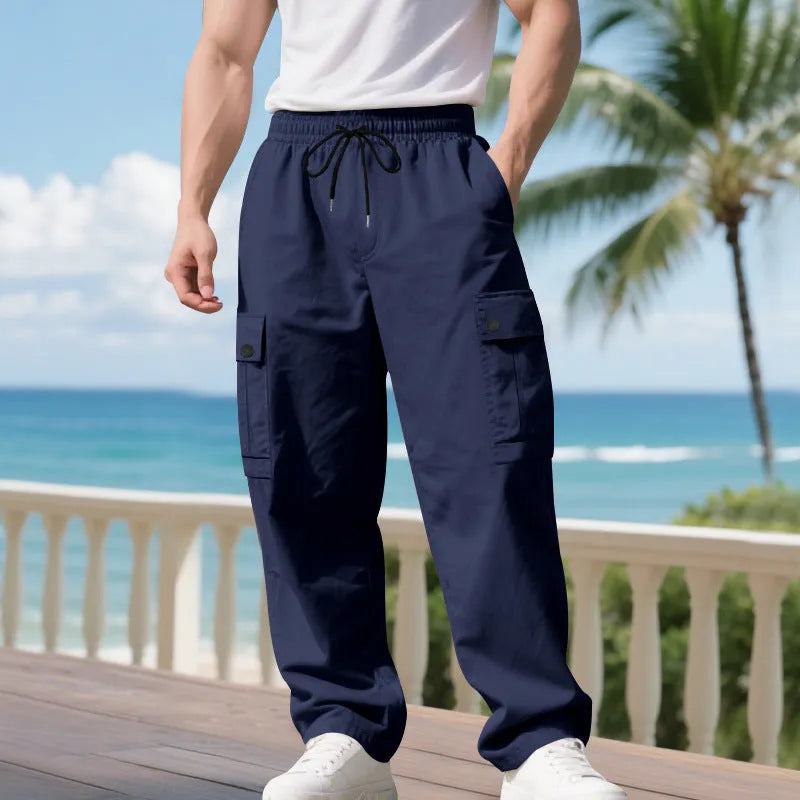 Men's multi-pocket cargo pants in dark grey, loose straight-leg, mid waist, polyester
