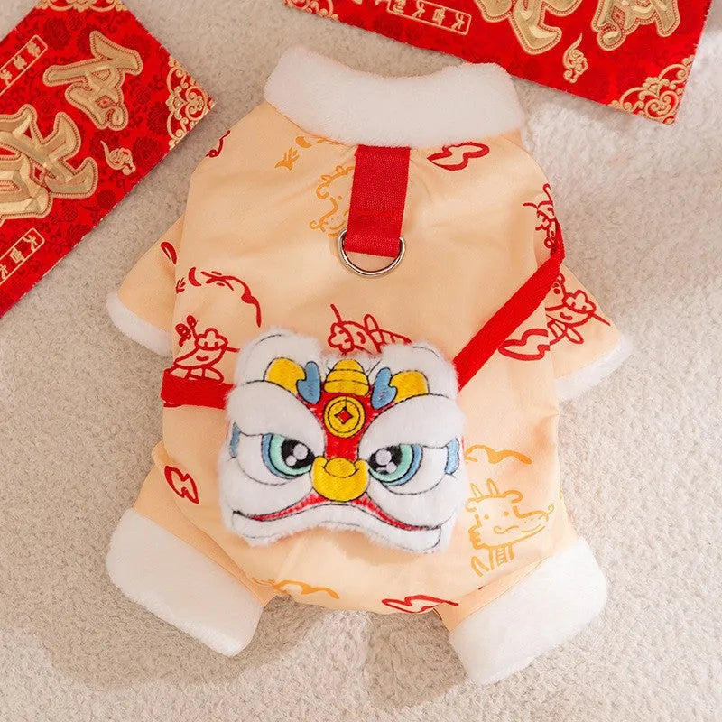 Lion dance pet jumpsuit in red with faux fur trim and leash ring, four-legged cotton jacket for dogs and cats.