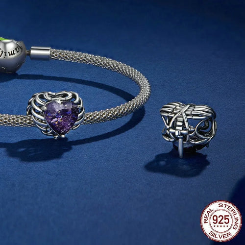 Purple skull heart 925 silver bead with inlay, 12x13mm, on a white background showing 4.5mm aperture