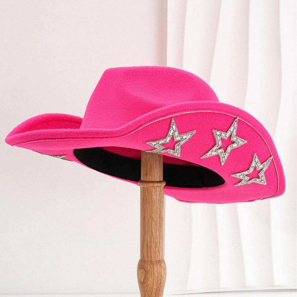 Western denim top hat with conical crown and hexagonal star decoration in medium size M