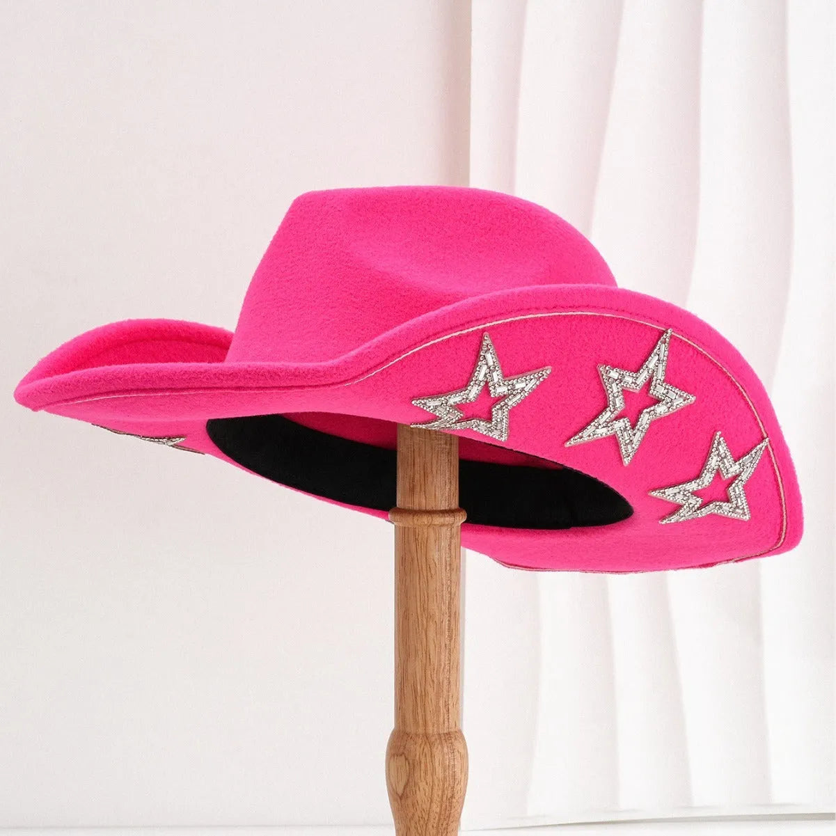 Western denim top hat with conical crown and hexagonal star decoration in medium size M