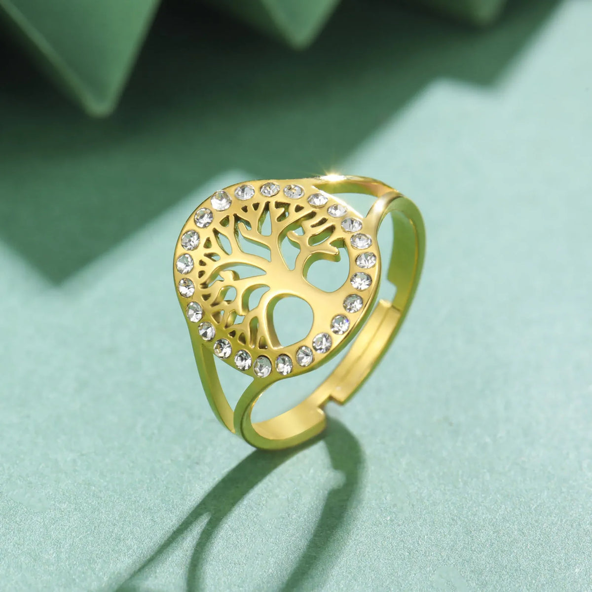Stainless Steel Spot Drill Hollow Tree Open Ring for Women Men - Adjustable Nature-Inspired Finger Ring in Gold or Steel Colour Electroplated Finish Jewellery Gift